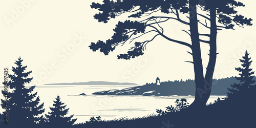 Silhouette of trees and birds overlooking a serene lake at sunset.