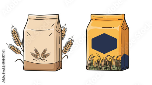 Bags of wheat flour with golden ears of grain representing natural farming organic agriculture and bakery ingredients.