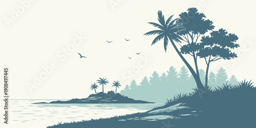 Serene tropical island landscape with palm trees and a small boat on calm waters
