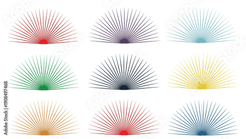 Grid of nine colorful fan shaped graphic elements with radiating lines in different hues for decorative and artistic design use.