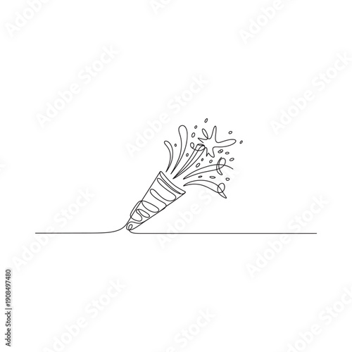 A minimalist line drawing depicts a party popper bursting with celebratory confetti