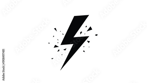 Minimalist black lightning bolt symbol with scattered fragments around it representing sudden energy discharge or high voltage power.