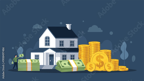 Residential building surrounded by large stacks of gold coins and money bundles for real estate investment and financial concepts.