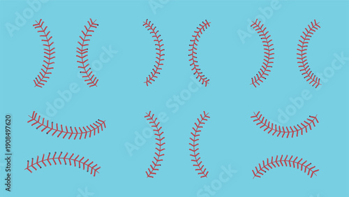 Collection of red baseball stitches or seams in different curves and shapes for sports equipment design elements.