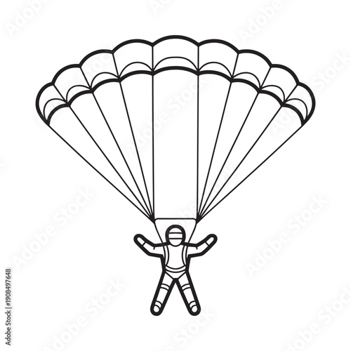 A simple black and white illustration depicting a skydiver with a deployed parachute