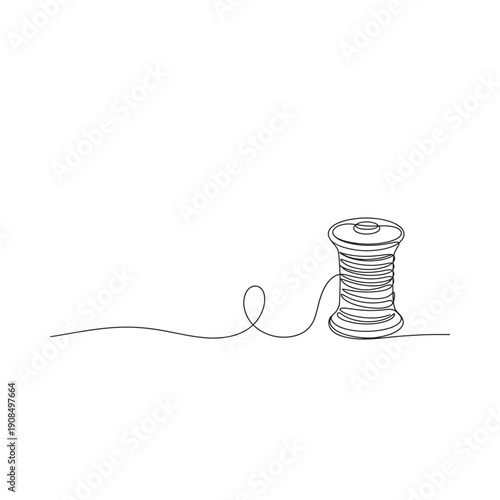 A simple line drawing depicts a spool of thread with a trailing end