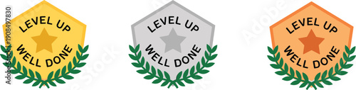 Level up well done badge icons collection with stars and laurel wreaths, achievement reward symbols for education, gaming and success design