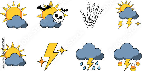 Cute weather and halloween icons vector set sun cloud lightning rain thunder skull bat skeleton hand cartoon illustration isolated white background