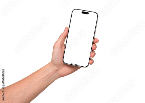 Hand holding smartphone mockup with transparent screen isolated on transparent background. Mobile phone with empty display for copy space.