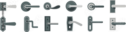 Modern door handle collection illustration featuring various lever and knob designs for interior and exterior doors, architectural hardware, home improvement, and design projects