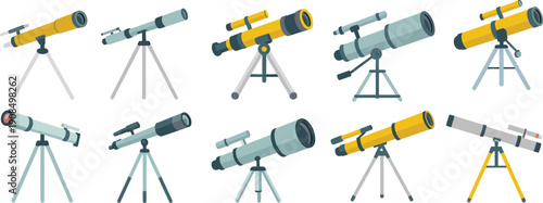 Modern telescope collection illustration showing astronomical and terrestrial telescopes on tripods for stargazing, astronomy education, space science, and observation concepts