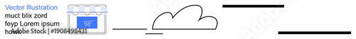 E-commerce, cloud technology, online shopping, digital marketing, internet infrastructure, retail sales. Storefront with cart symbol and connected cloud. E-commerce and cloud technology visualization