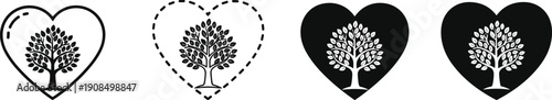 Heart shaped tree in different styles black and white symbols shapes