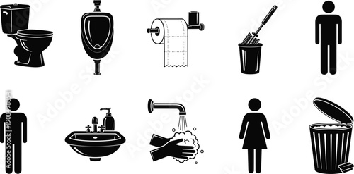 Black and white bathroom including toilet urinal sink trash can people washing hands