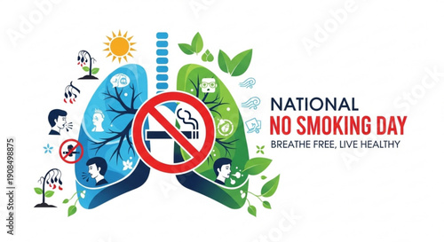 National no smoking day illustration with lungs and no smoking sign