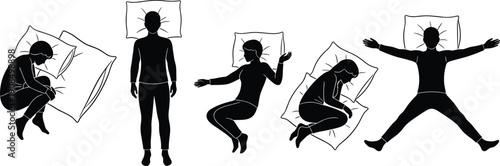 Black silhouettes of people sleeping in different positions on pillows