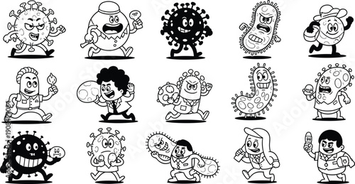 Cartoon microbes and scientists running bacteria viruses