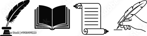 Black and white of writing quill, book, scroll, and hand writing feather inkwell
