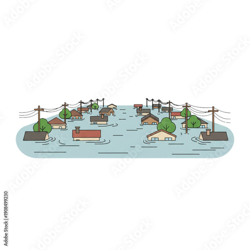 Flood Disaster Vector Illustration with Submerged Houses and Water