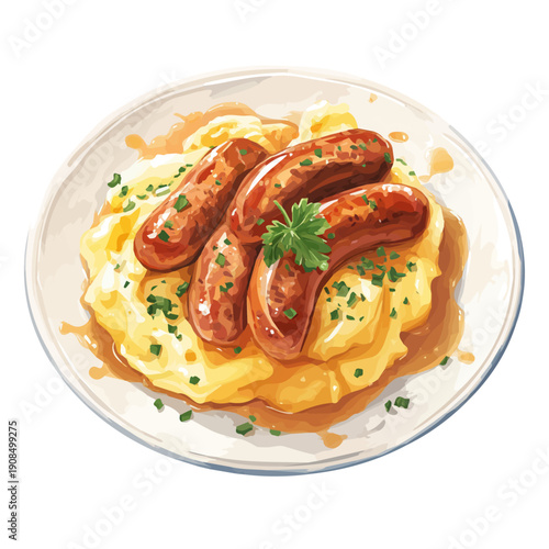 Bangers And Mash in detailed isometric watercolor art, isolated on a pure white backdrop.