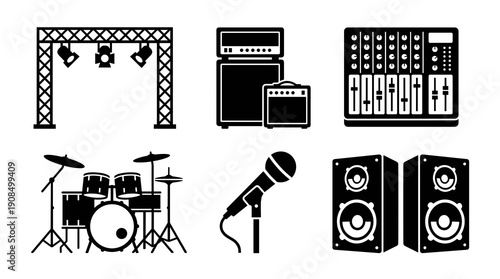 Collection of black and white music performance icons featuring professional audio gear stage lighting instruments and sound engineering equipment for events