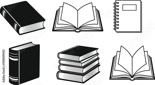 Black and white of various books and notebooks stacked books open book