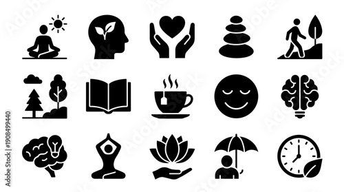 Comprehensive collection of black solid icons representing mental health wellness mindfulness self care meditation psychology and emotional balance for design projects