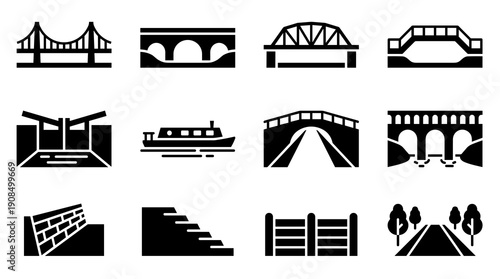 Collection of black and white solid icons representing various types of bridges water infrastructure transportation routes and civil engineering structures
