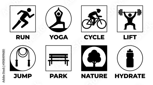 A collection of black and white minimalist icons representing various physical exercises and outdoor park elements for health and wellness tracking