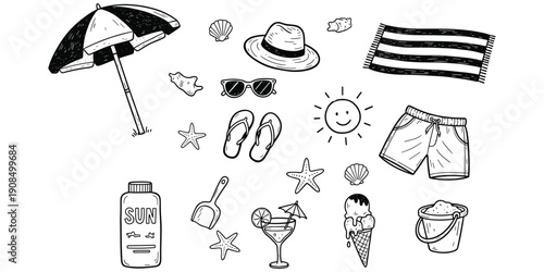 Hand Drawn Beach Summer Vacation Elements on White Background With Transparent Background umbrella beach umbrella