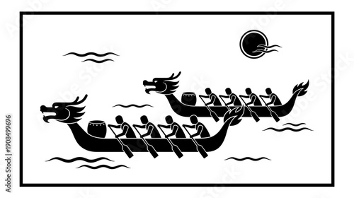 Black and white graphic illustration of two dragon boats competing in a traditional festival race with rowers and drummers