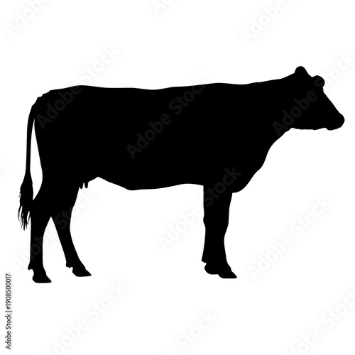 A black silhouette of a cow in profile, standing and facing left