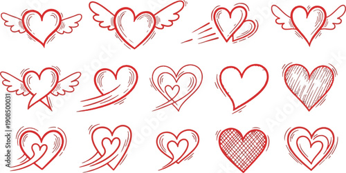 Hand drawn winged hearts and dynamic heart shapes collection for valentine day sketch vector illustration set