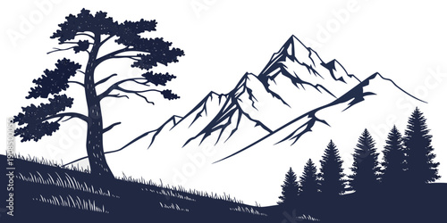 Majestic mountain landscape with a prominent tree and snow-capped peaks