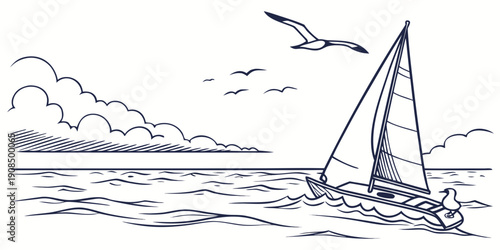 A serene sailboat gliding over the calm waters with birds flying overhead