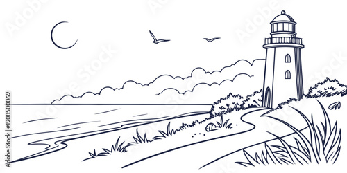 A serene lighthouse standing tall on a rocky shore under a starry night sky