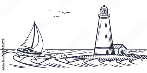 A serene sailboat gliding past a tall lighthouse on a calm sea.