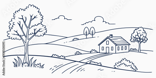 A serene countryside landscape with a charming house and lush greenery