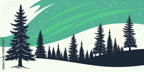 A serene winter night in the forest with a beautiful green aurora