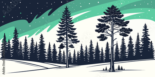 A serene forest scene under the night sky with a vibrant green aurora.