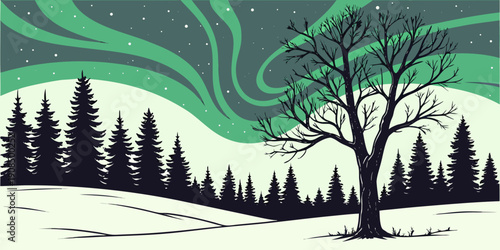 A majestic tree stands tall under the mesmerizing glow of the northern lights