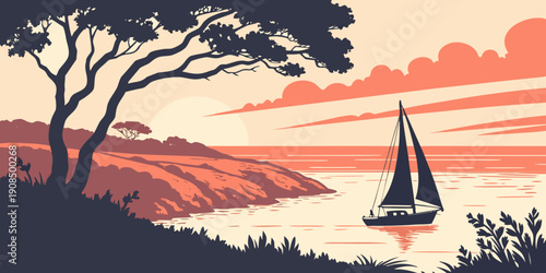 A serene sailboat glides across a calm lake at sunset with a silhouetted tree in the foreground