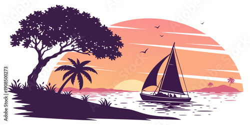 A serene sunset scene with a sailboat and palm trees on a tropical island
