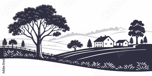 A serene countryside landscape with houses, trees, and a winding road under a clear sky