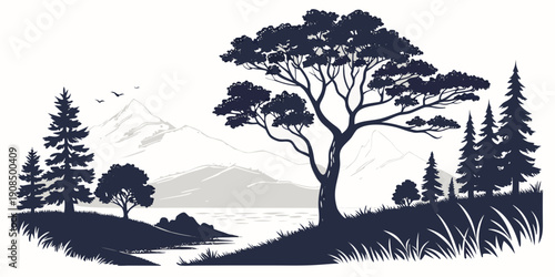 A serene landscape with trees and a distant mountain range under a clear sky.