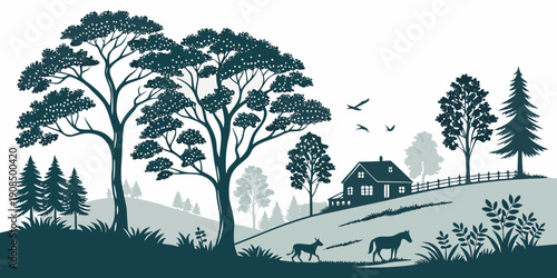 A serene landscape with tall trees and a peaceful meadow under a clear sky