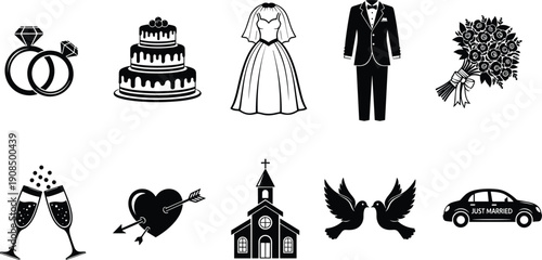 Black and white wedding including rings cake dress tuxedo bouquet champagne heart church doves car