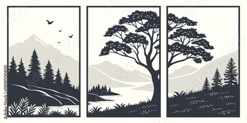 A serene landscape featuring a majestic tree in a tranquil forest setting