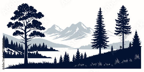 Silhouette of trees and mountains under a starry night sky