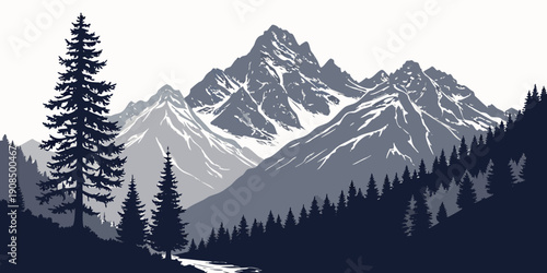 Majestic snow-capped mountains tower over a dense forest in a breathtaking landscape